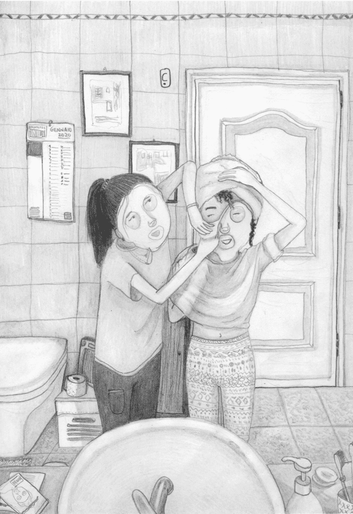 A girl helping her friend with a face mask.