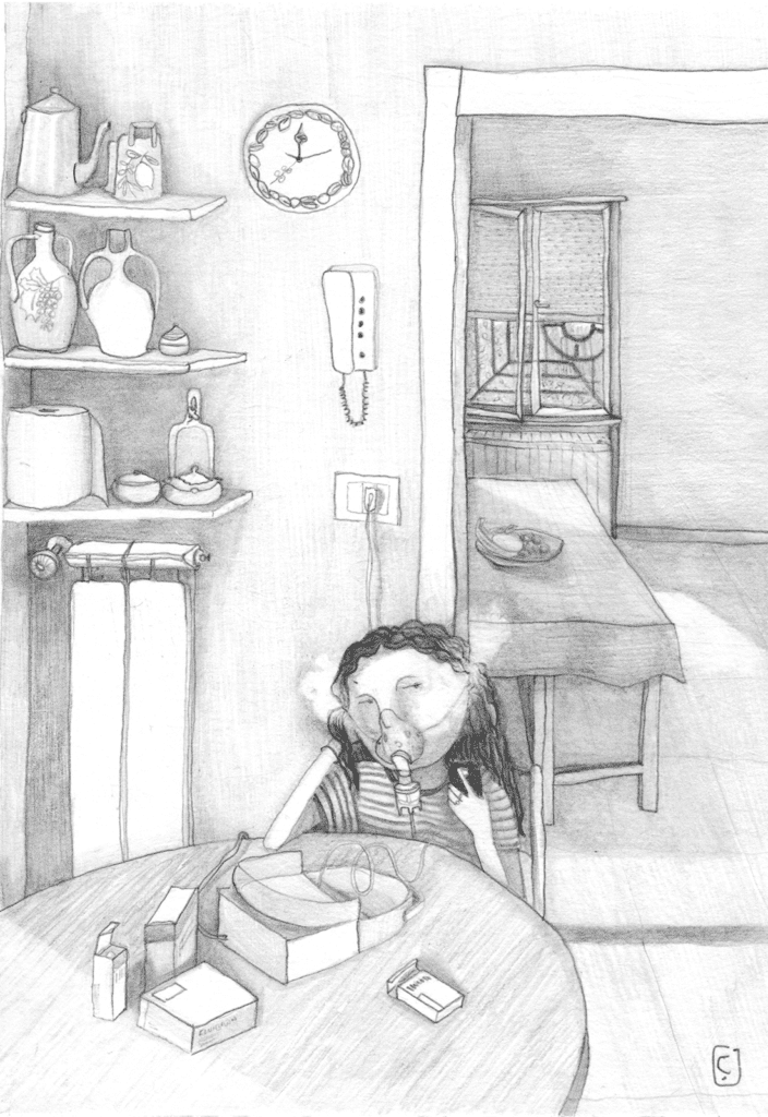 A girl with a cough using a nebulizer in the kitchen