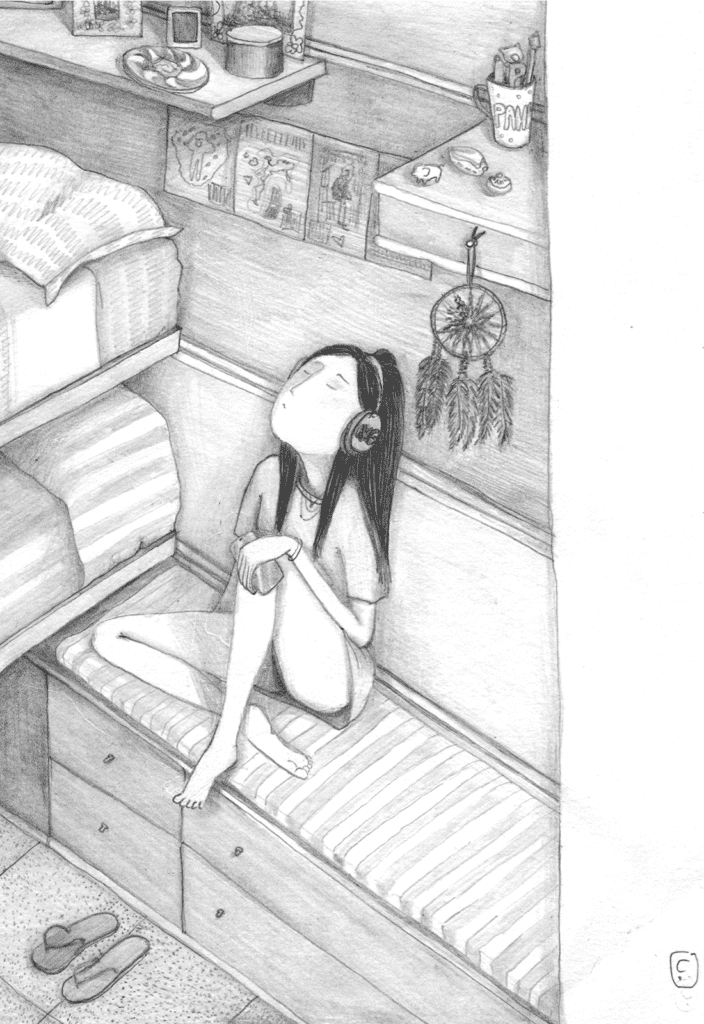 Pencil illustration of Girl listening to sad music on headphones in her room. Pancakes for breakfast